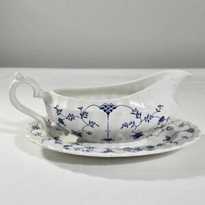 VTG Staffordshire Salem Yorktown Gravy Bowl Underplate Set Blue White China